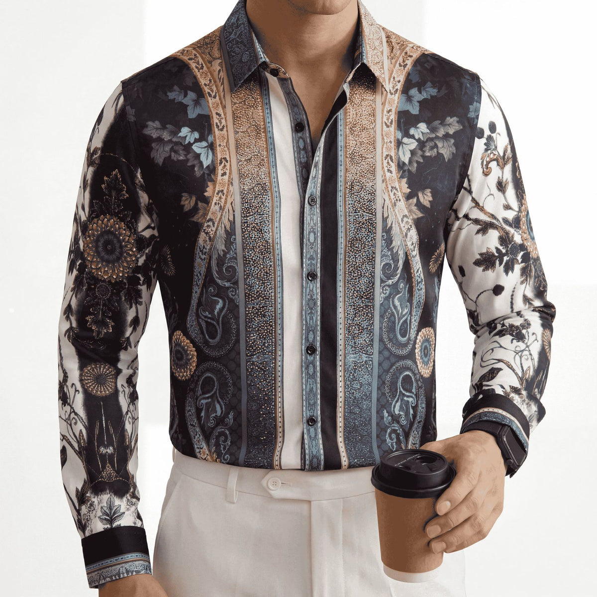 Men's Paisley Print Rhinestone Slim Fit Long Sleeve Shirt