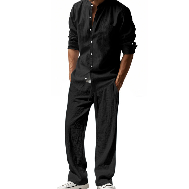 Men's Linen‑Blend Long‑Sleeve Shirt & Wide‑Leg Pants 2‑Piece Set