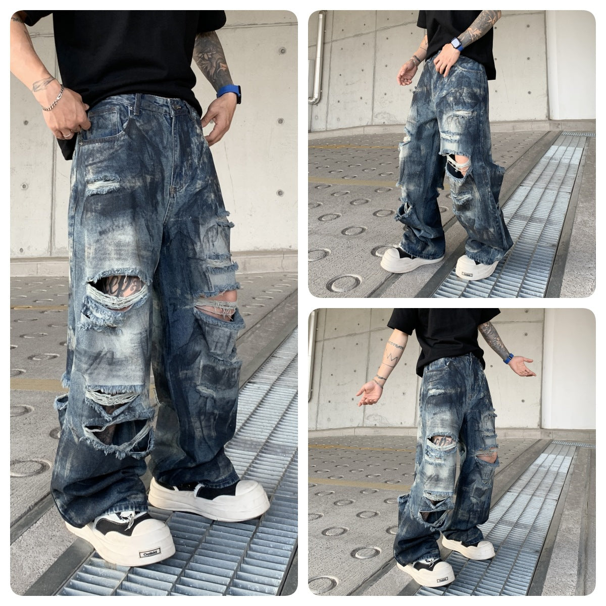 Men's Baggy Straight‑Fit Distressed Ripped Jeans