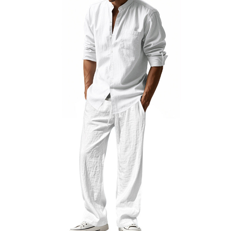 Men's Linen‑Blend Long‑Sleeve Shirt & Wide‑Leg Pants 2‑Piece Set