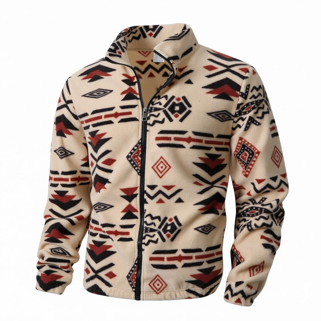 Geometric Print Fleece Full‑Zip Stand Collar Jacket
