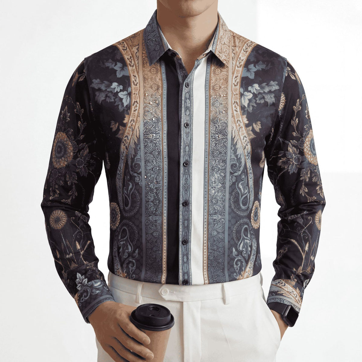 Men's Paisley Print Rhinestone Slim Fit Long Sleeve Shirt