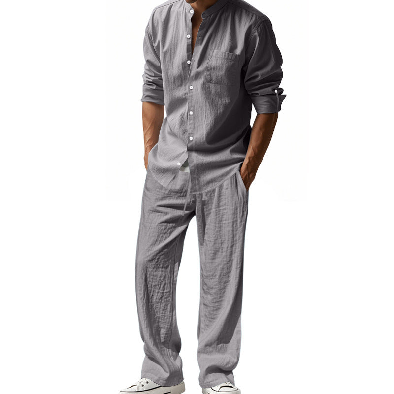 Men's Linen‑Blend Long‑Sleeve Shirt & Wide‑Leg Pants 2‑Piece Set