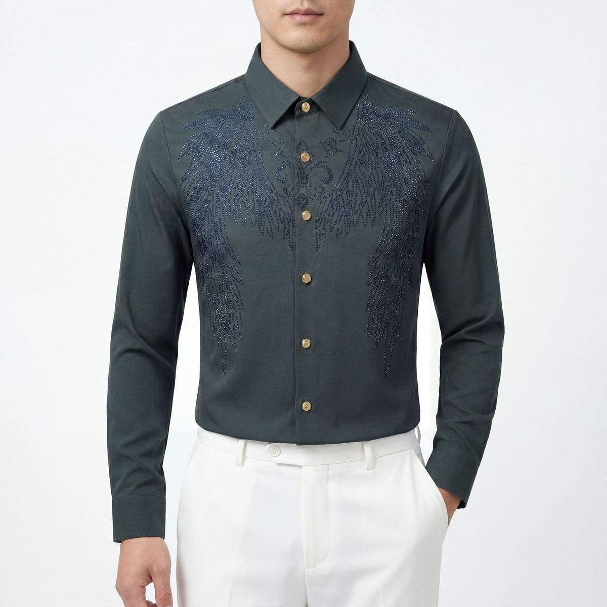 Men's Wing Rhinestone Slim Fit Long Sleeve Shirt