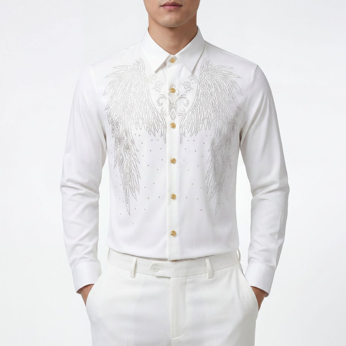 Men's Wing Rhinestone Slim Fit Long Sleeve Shirt