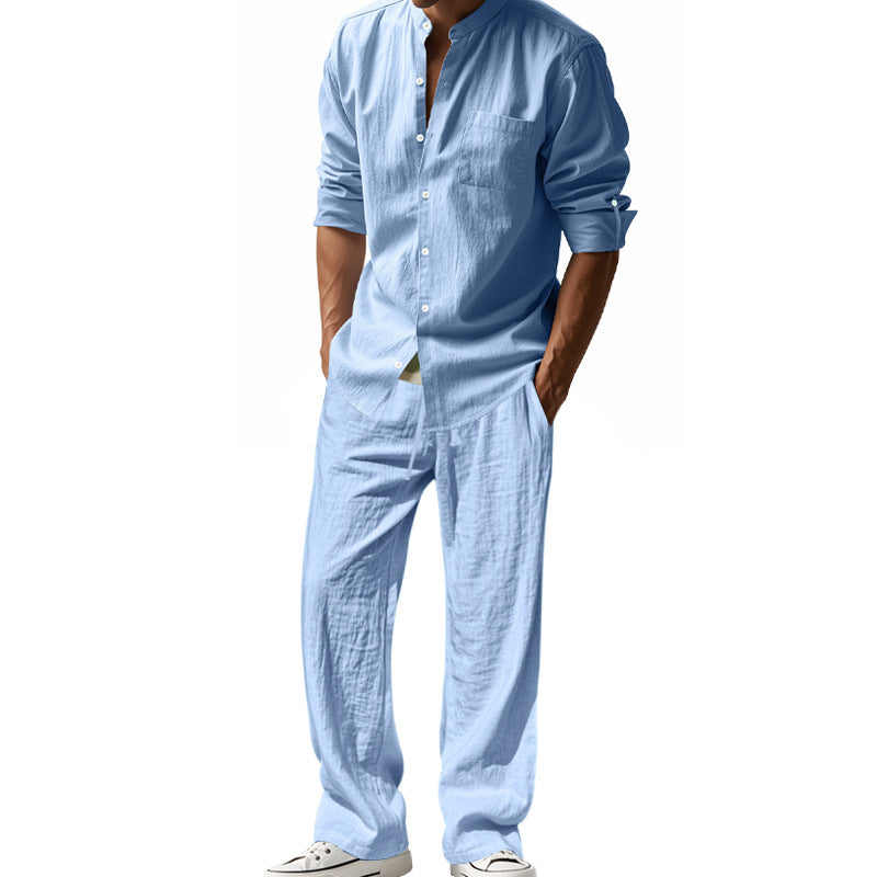 Men's Linen‑Blend Long‑Sleeve Shirt & Wide‑Leg Pants 2‑Piece Set