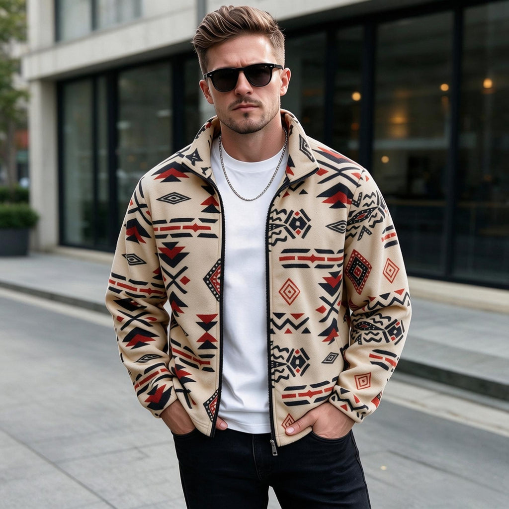 Geometric Print Fleece Full‑Zip Stand Collar Jacket