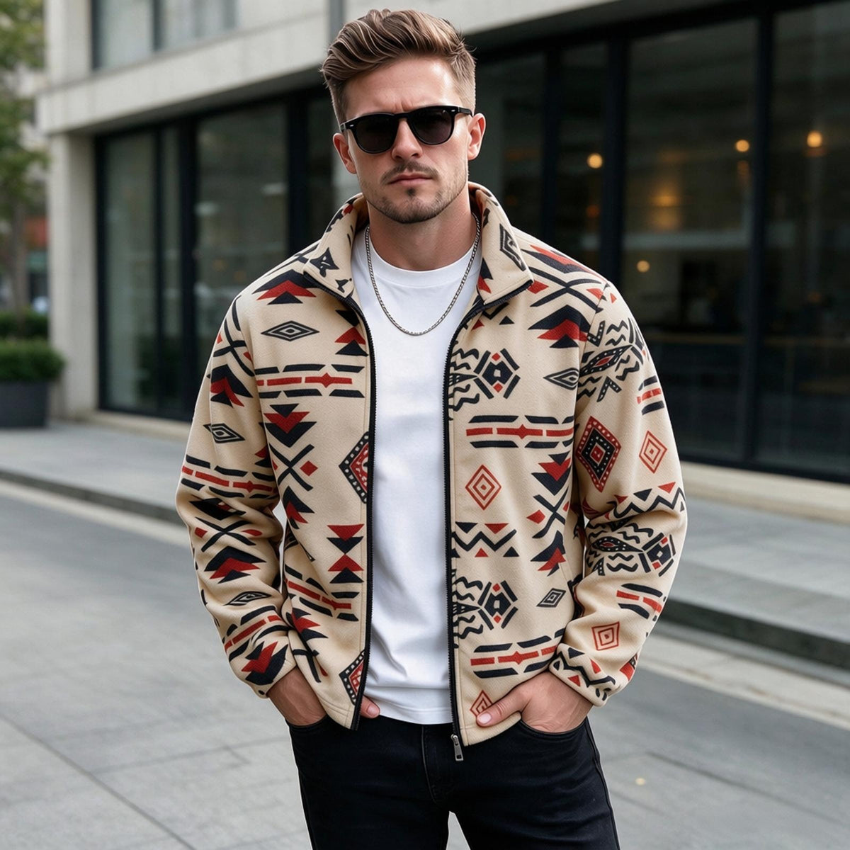 Geometric Print Fleece Full‑Zip Stand Collar Jacket