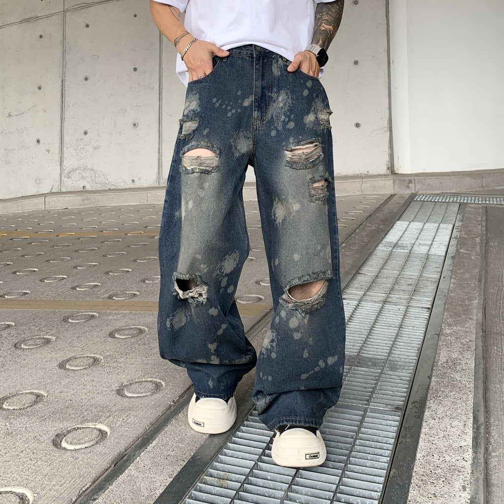 Men's Baggy Straight‑Fit Distressed Ripped Jeans