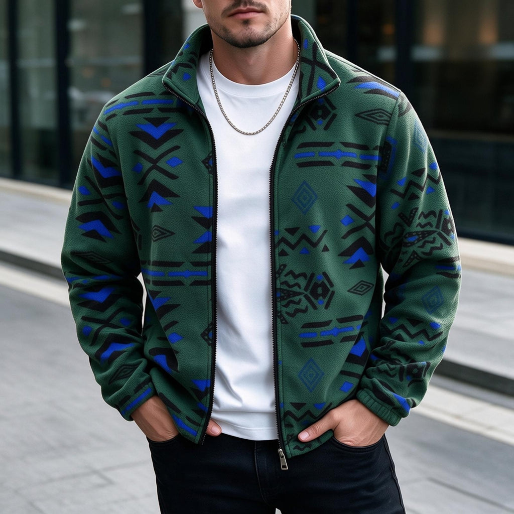 Geometric Print Fleece Full‑Zip Stand Collar Jacket