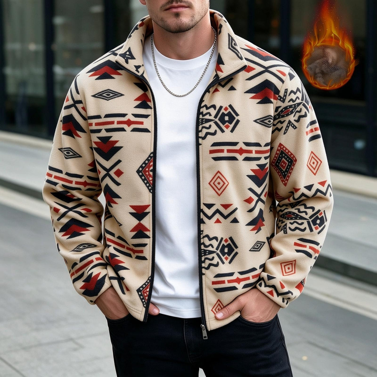 Geometric Print Fleece Full‑Zip Stand Collar Jacket