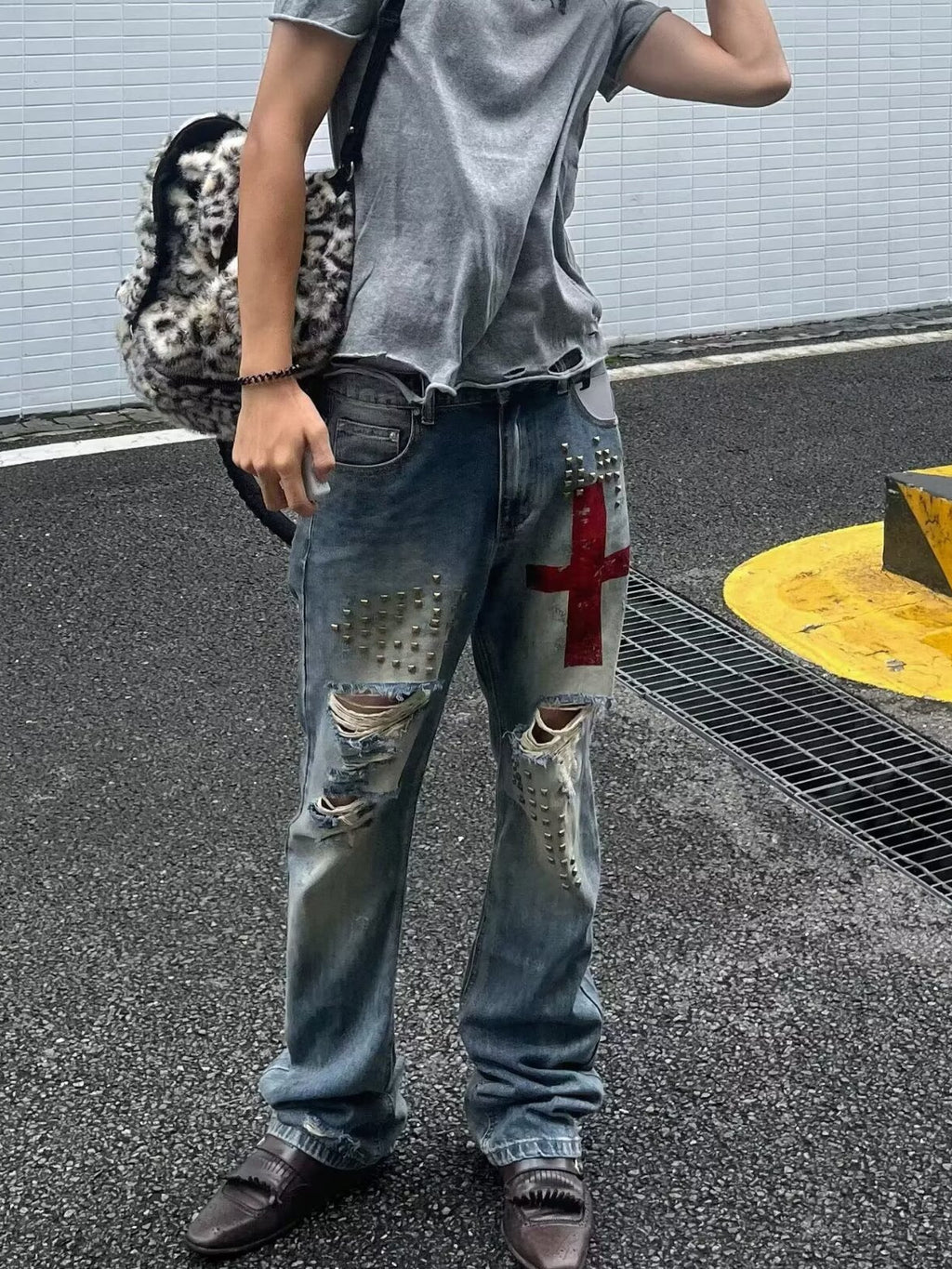 Men's Straight‑Fit Ripped Denim Jeans with Cross Studs