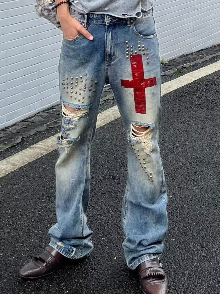 Men's Straight‑Fit Ripped Denim Jeans with Cross Studs