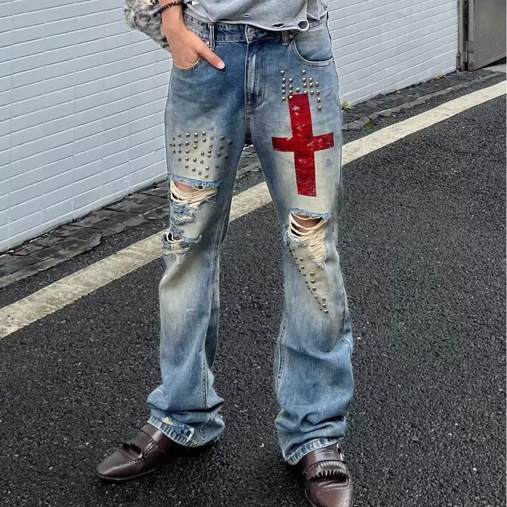 Men's Straight‑Fit Ripped Denim Jeans with Cross Studs