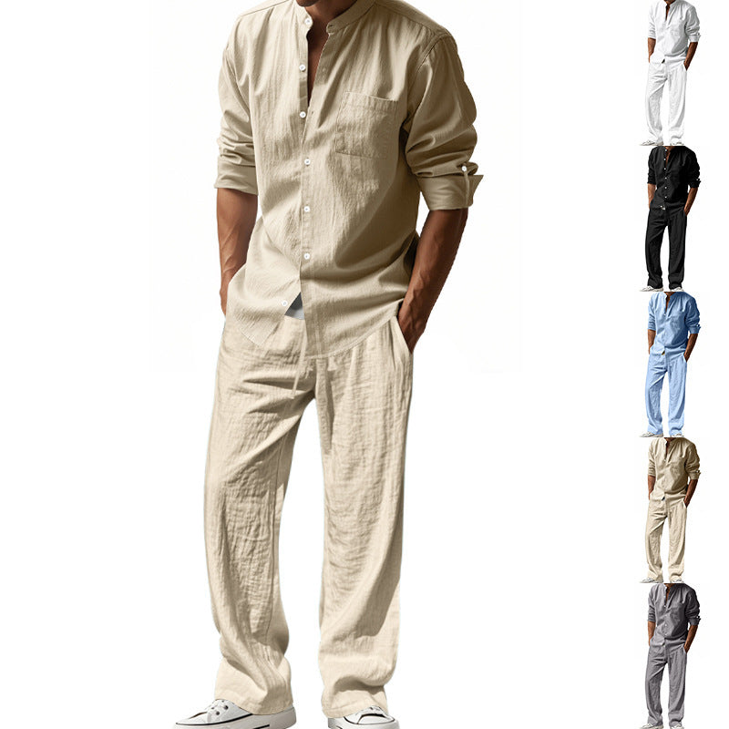 Men's Linen‑Blend Long‑Sleeve Shirt & Wide‑Leg Pants 2‑Piece Set