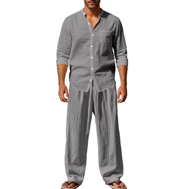Men's Linen‑Blend Long‑Sleeve Shirt & Wide‑Leg Pants 2‑Piece Set