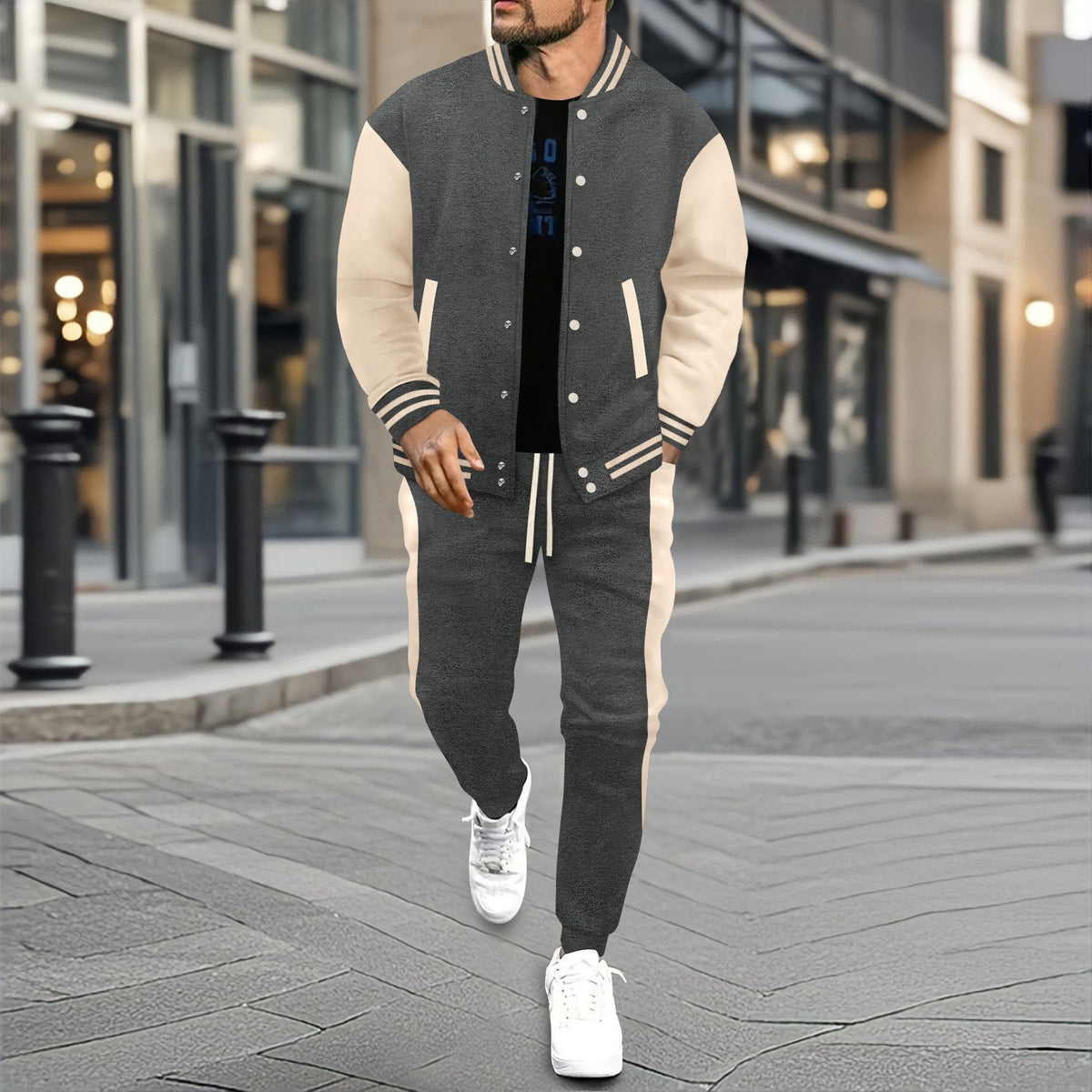 Men's Color‑Block Varsity Jacket & Jogger Pants 2‑Piece Set