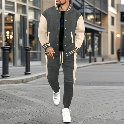 Men's Color‑Block Varsity Jacket & Jogger Pants 2‑Piece Set