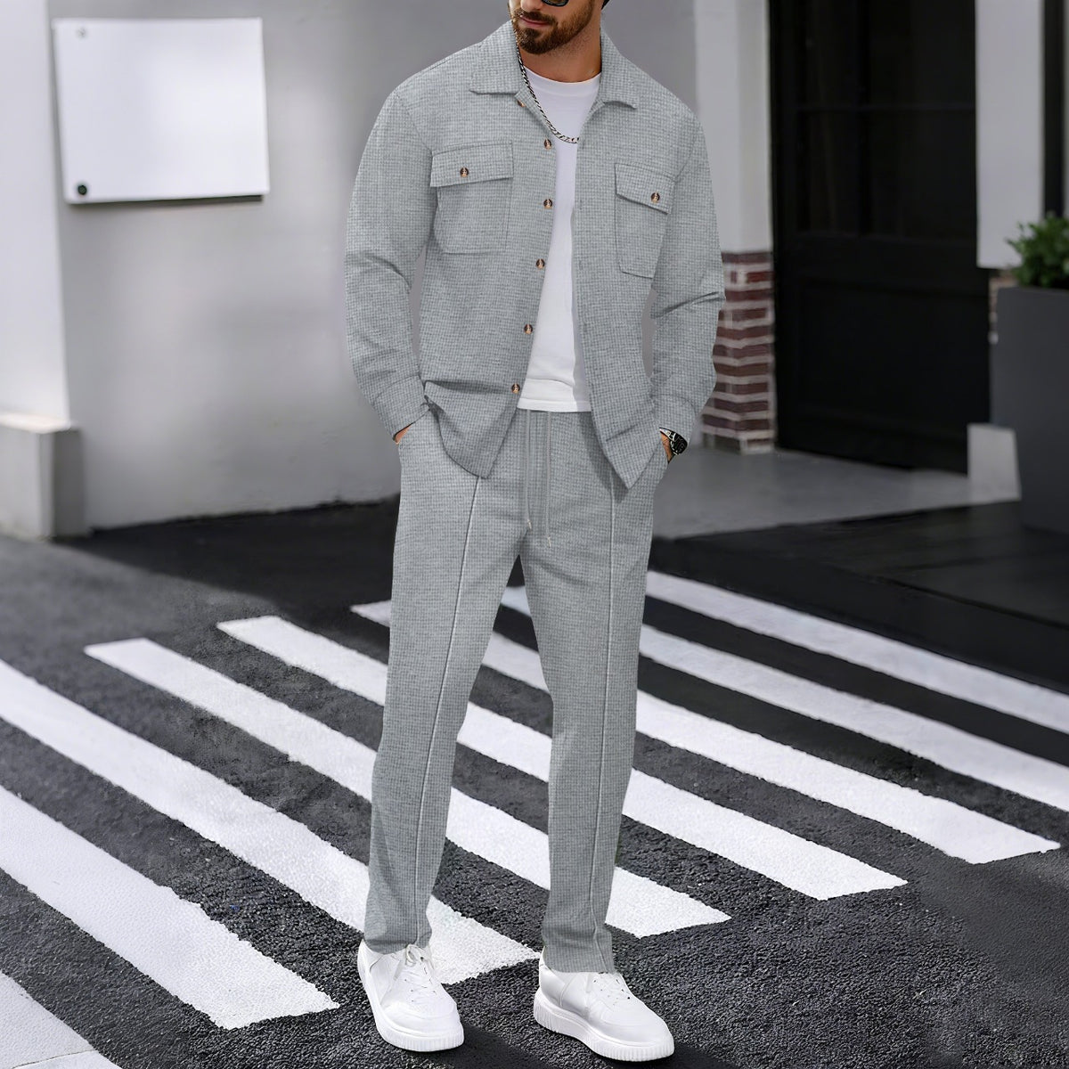 Men's Waffle Textured 2‑Piece Outfit Set, Button‑Up Shirt Jacket & Long Pants