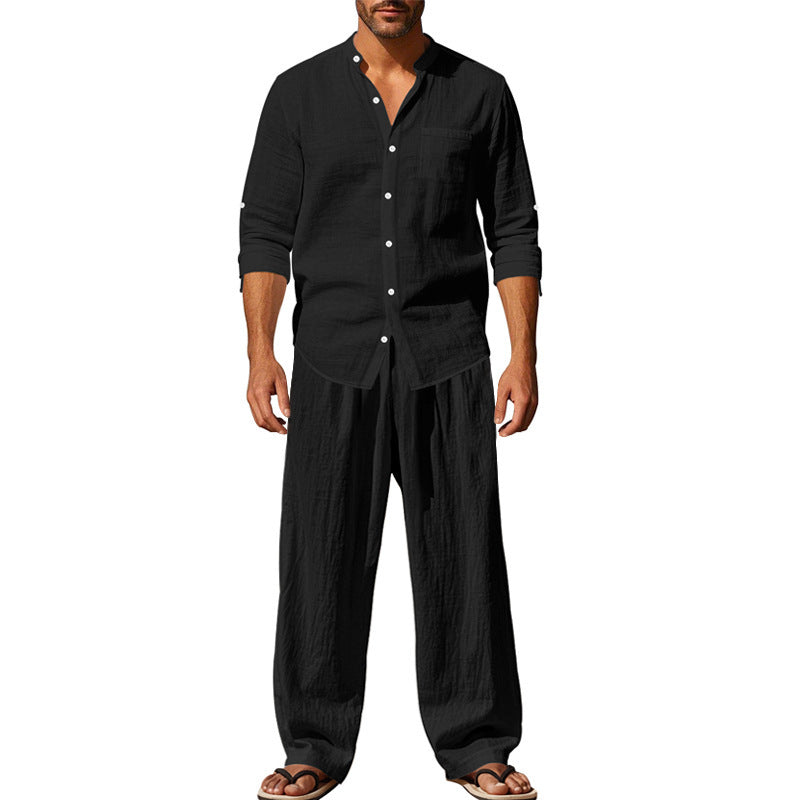 Men's Linen‑Blend Long‑Sleeve Shirt & Wide‑Leg Pants 2‑Piece Set