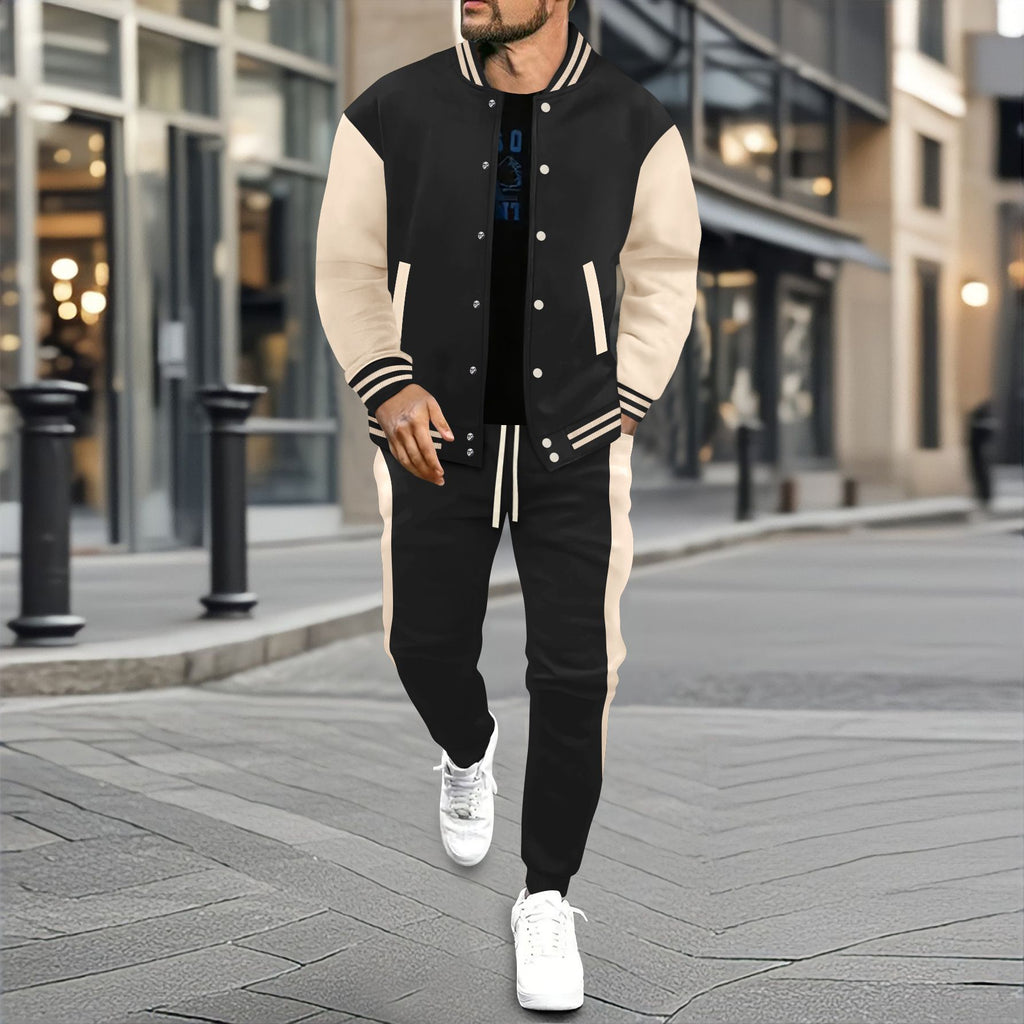 Men's Color‑Block Varsity Jacket & Jogger Pants 2‑Piece Set