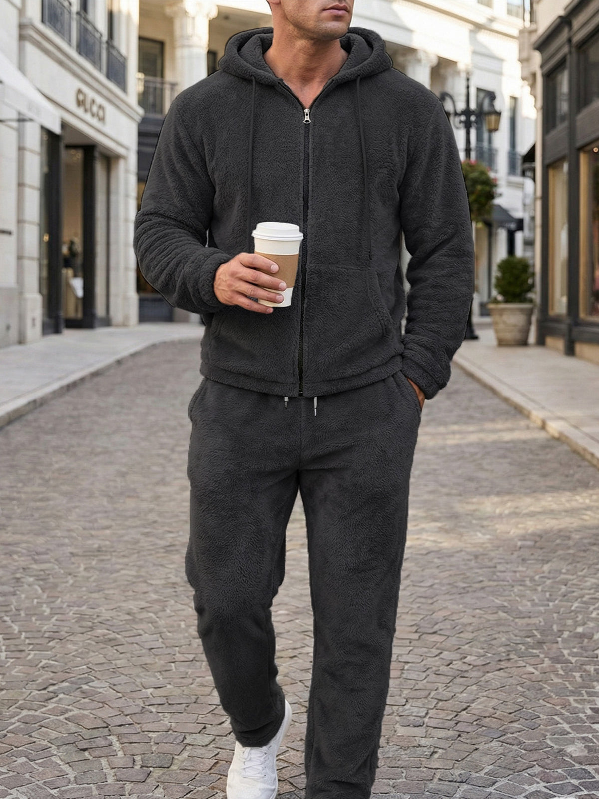Men's Fleece Zip‑Up Hoodie & Pants 2‑Piece Set