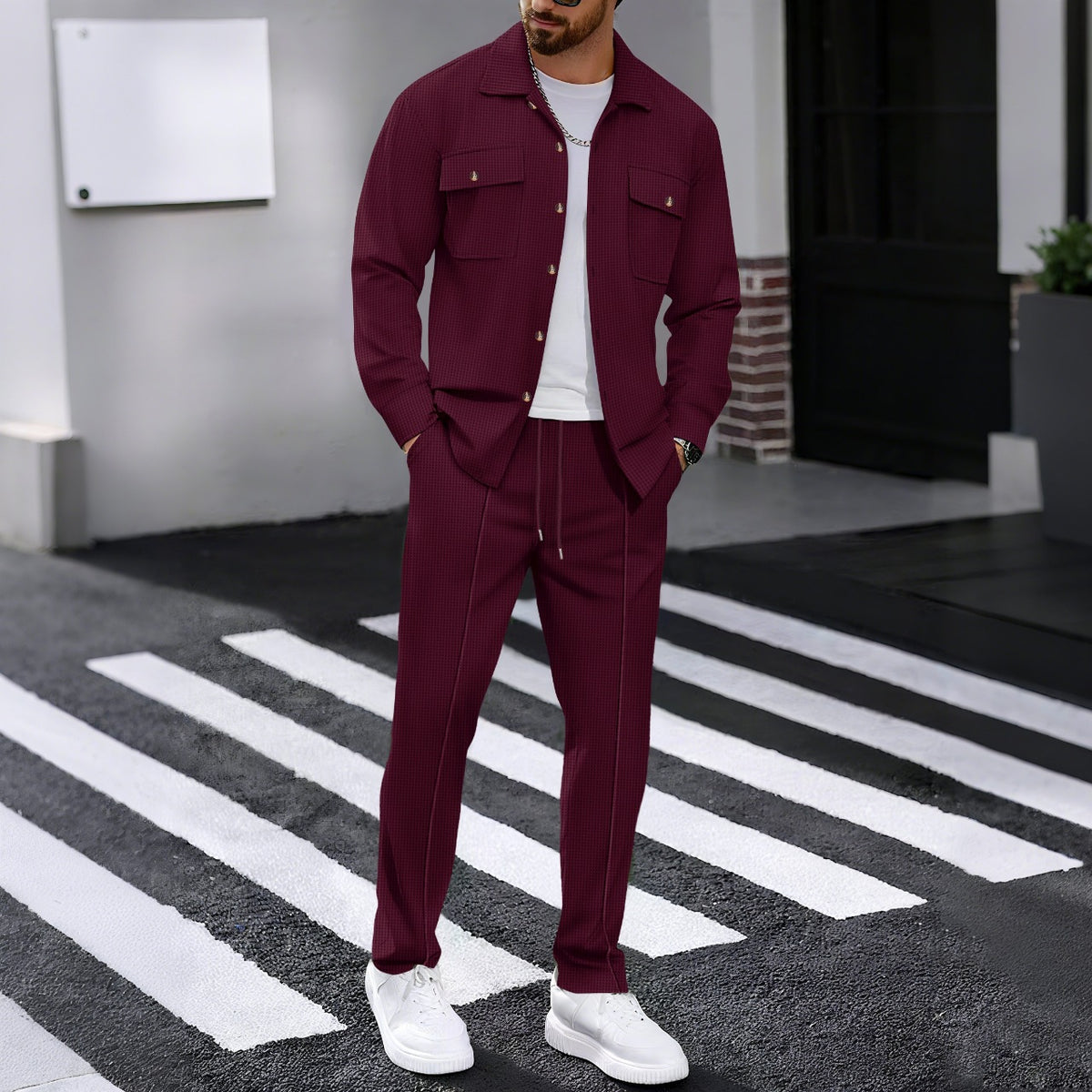 Men's Waffle Textured 2‑Piece Outfit Set, Button‑Up Shirt Jacket & Long Pants
