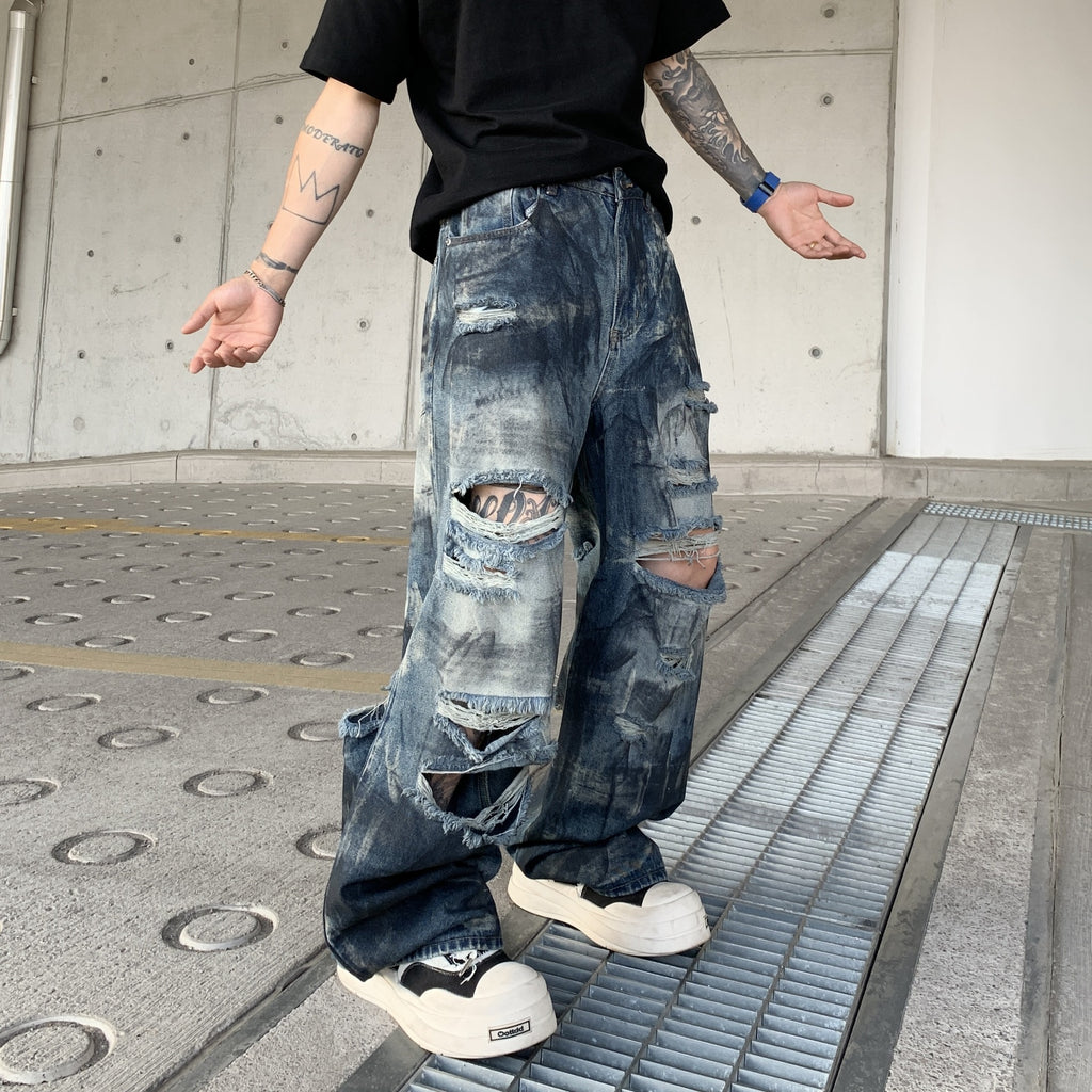 Men's Baggy Straight‑Fit Distressed Ripped Jeans