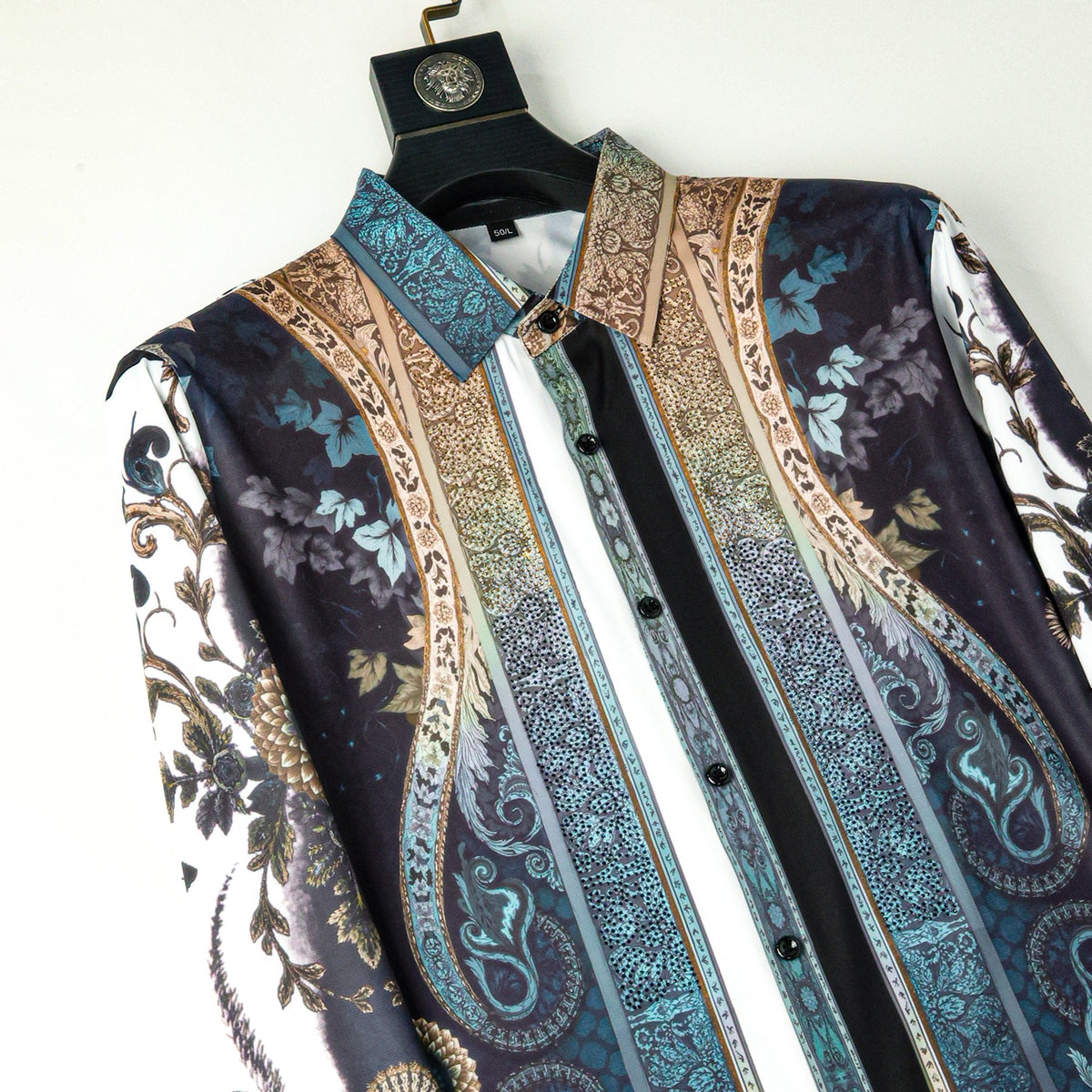 Men's Paisley Print Rhinestone Slim Fit Long Sleeve Shirt