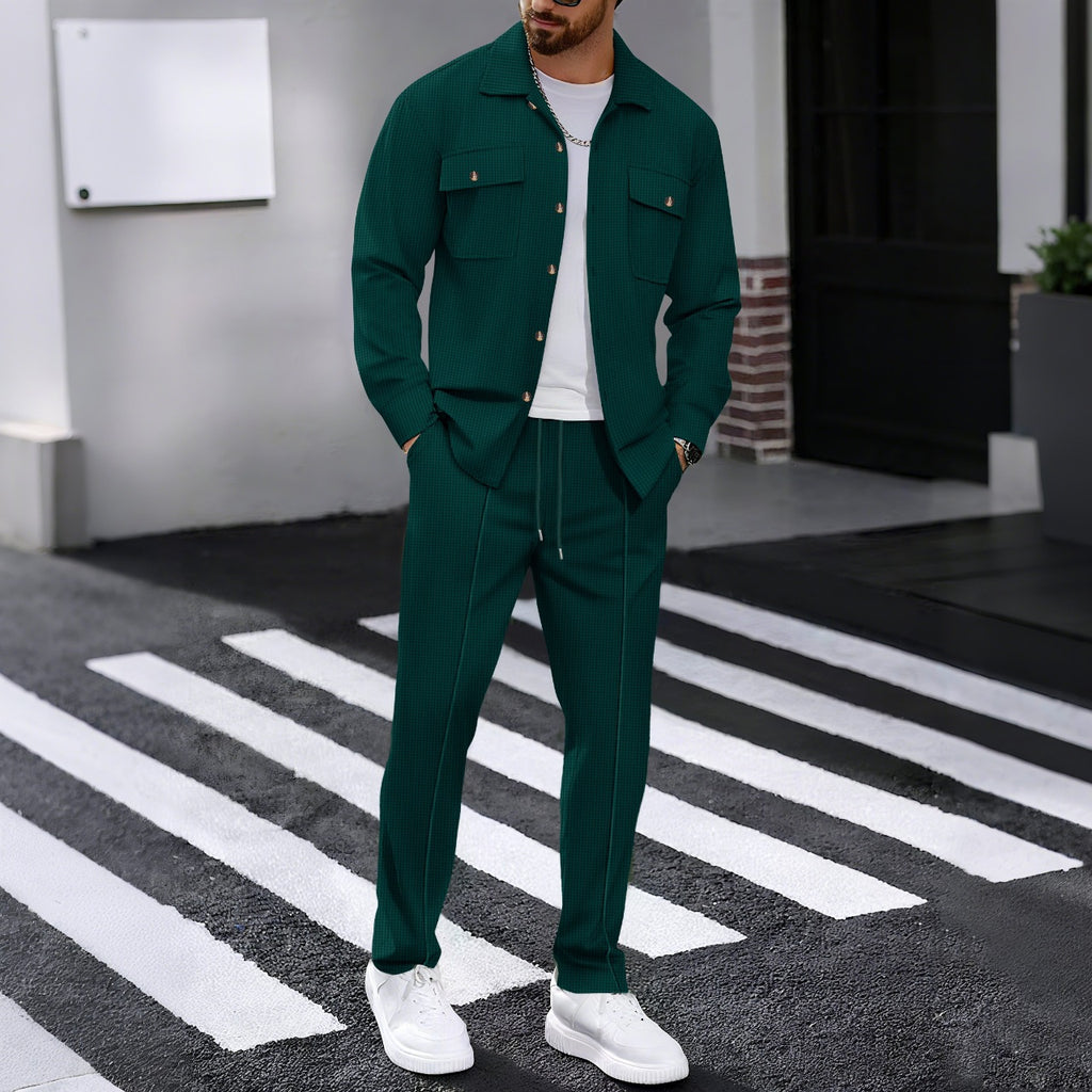 Men's Waffle Textured 2‑Piece Outfit Set, Button‑Up Shirt Jacket & Long Pants
