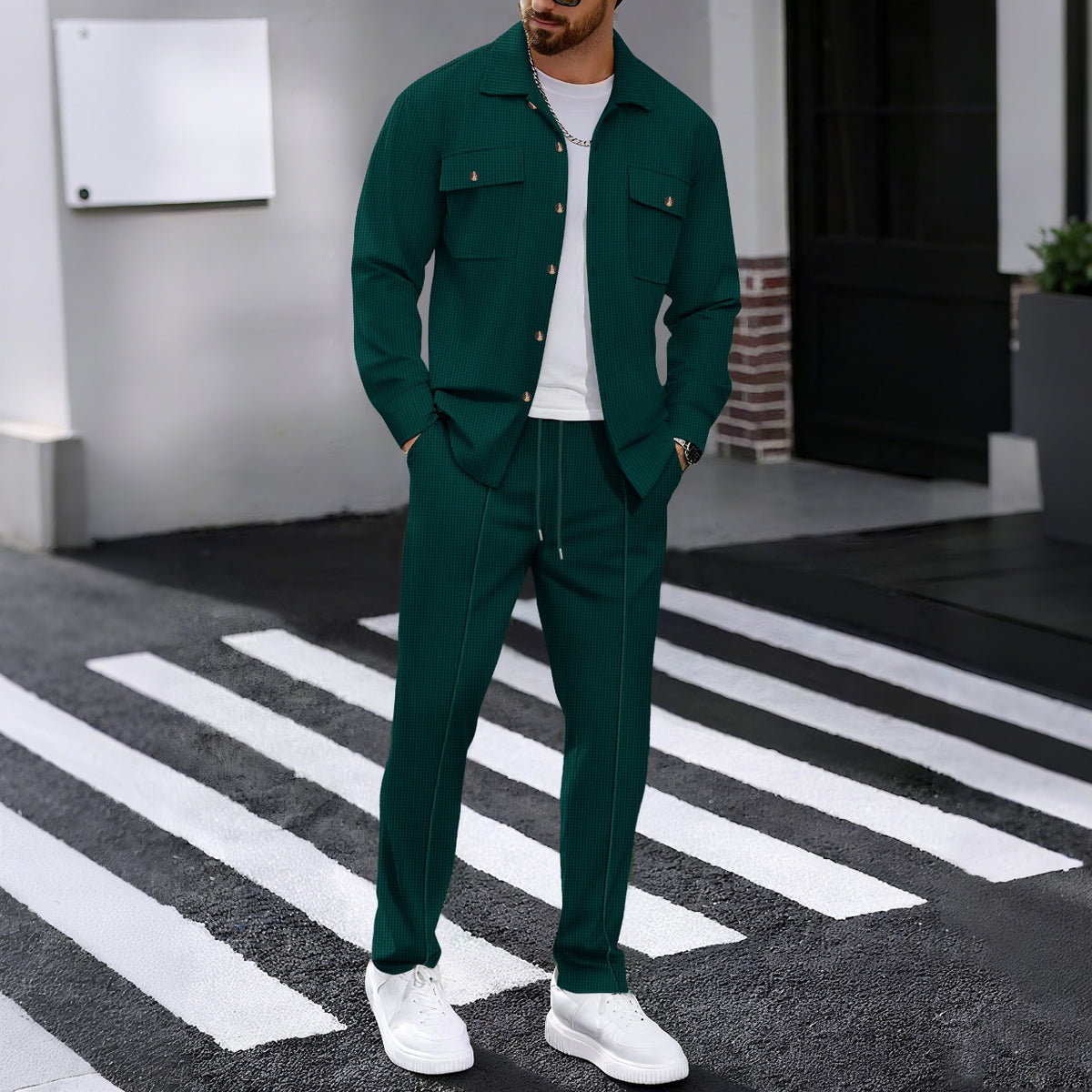 Men's Waffle Textured 2‑Piece Outfit Set, Button‑Up Shirt Jacket & Long Pants