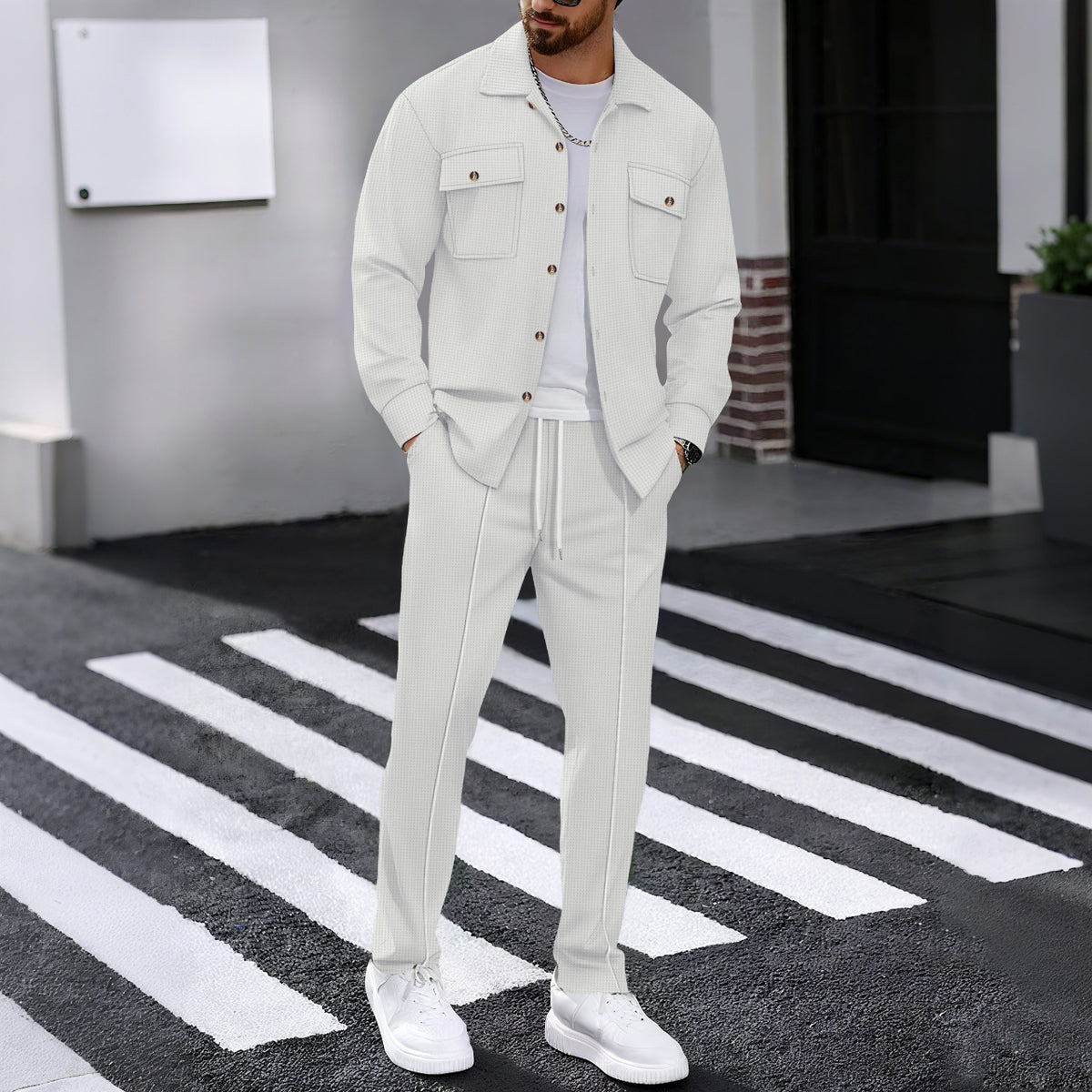 Men's Waffle Textured 2‑Piece Outfit Set, Button‑Up Shirt Jacket & Long Pants