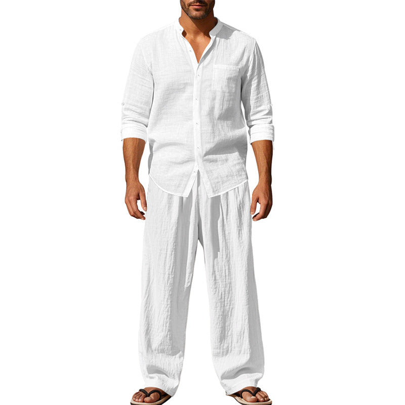 Men's Linen‑Blend Long‑Sleeve Shirt & Wide‑Leg Pants 2‑Piece Set