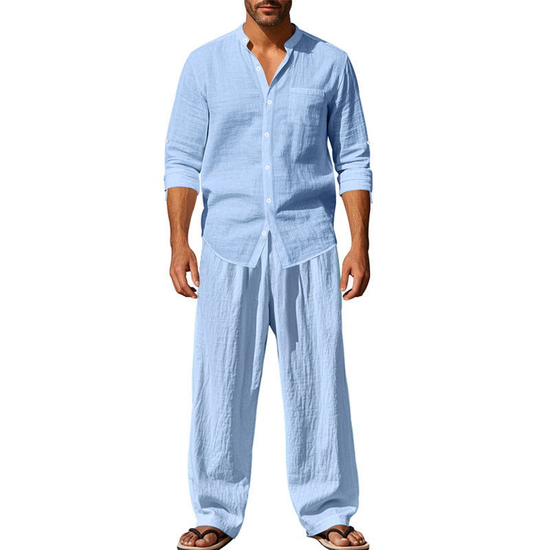 Men's Linen‑Blend Long‑Sleeve Shirt & Wide‑Leg Pants 2‑Piece Set