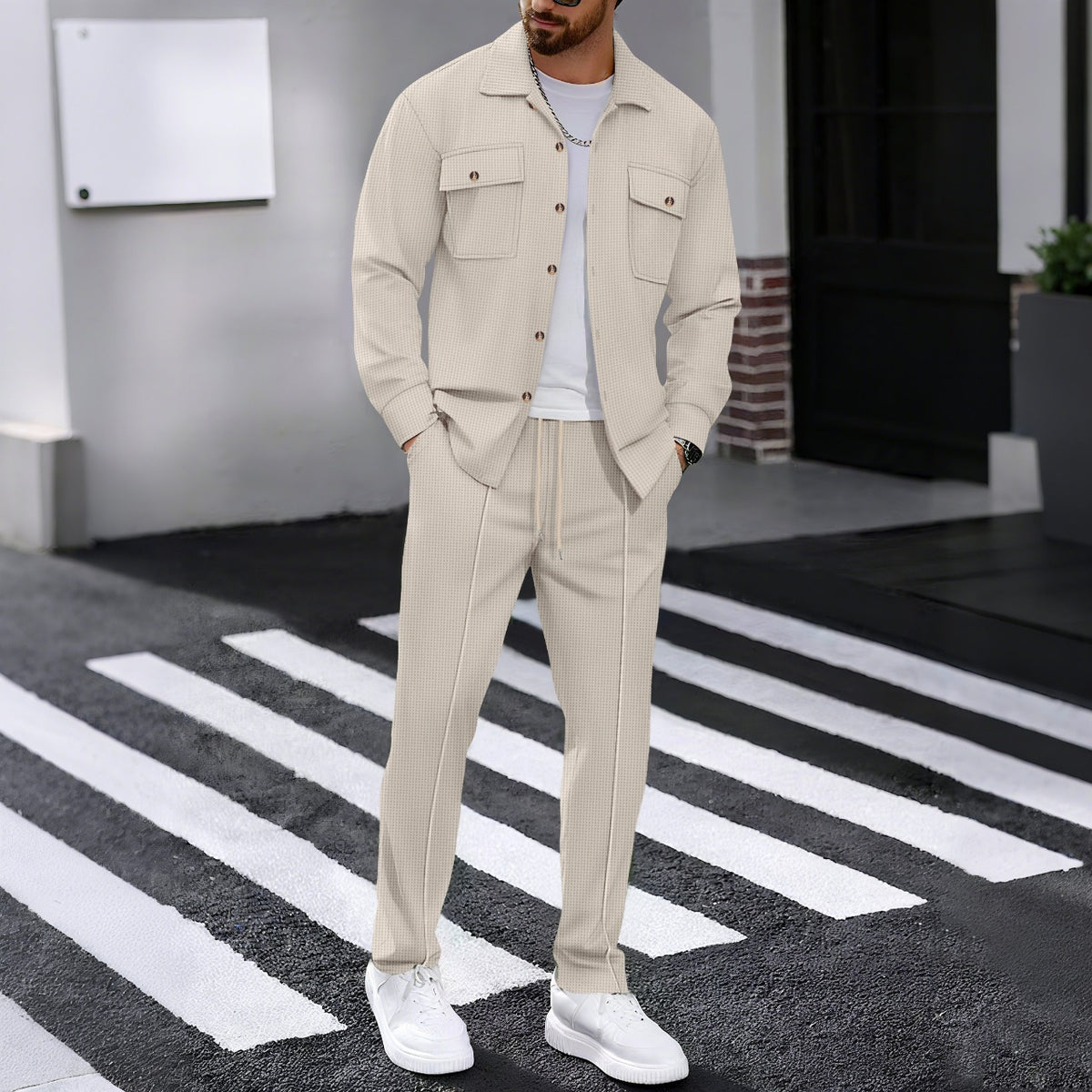 Men's Waffle Textured 2‑Piece Outfit Set, Button‑Up Shirt Jacket & Long Pants