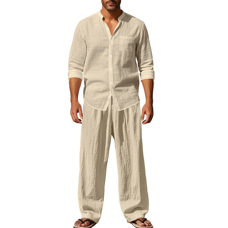 Men's Linen‑Blend Long‑Sleeve Shirt & Wide‑Leg Pants 2‑Piece Set
