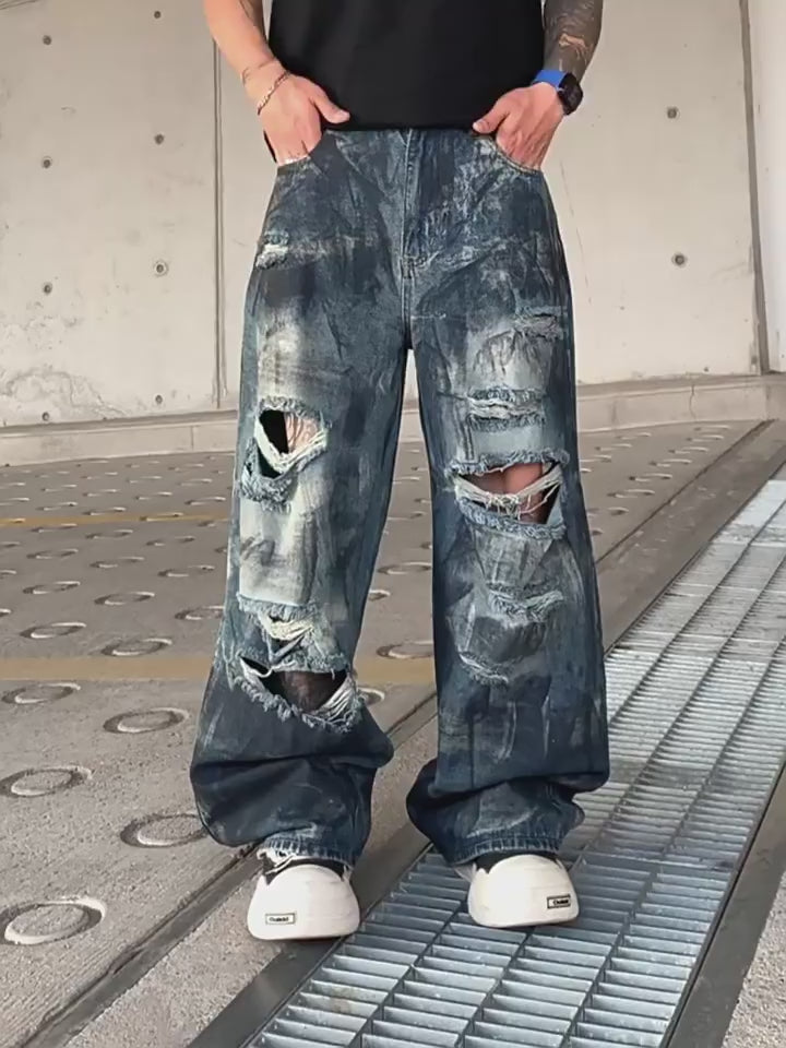 Men's Baggy Straight‑Fit Distressed Ripped Jeans